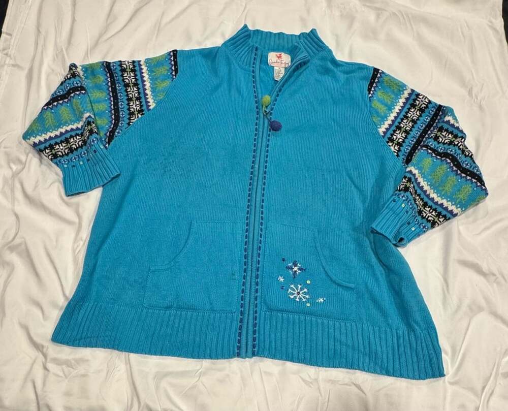 Vintage 90’s Christmas Quacker Factory Women's 2X Snowflake zipper sweater